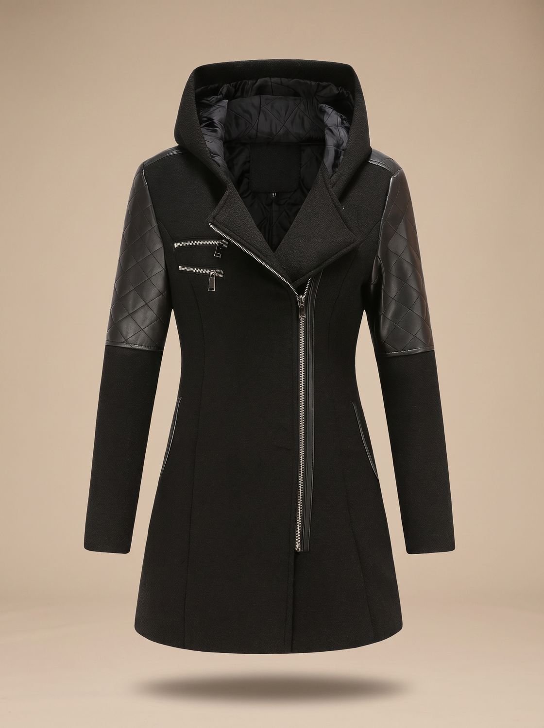 Women's Hooded Asymmetric-Zip Quilted-Panel Wool-Blend Coat
