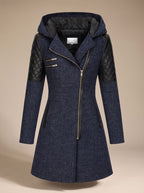Women's Hooded Asymmetric-Zip Quilted-Panel Wool-Blend Coat