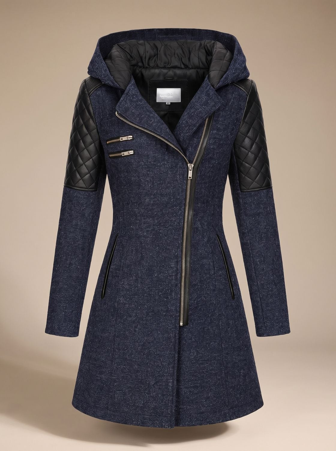 Women's Hooded Asymmetric-Zip Quilted-Panel Wool-Blend Coat