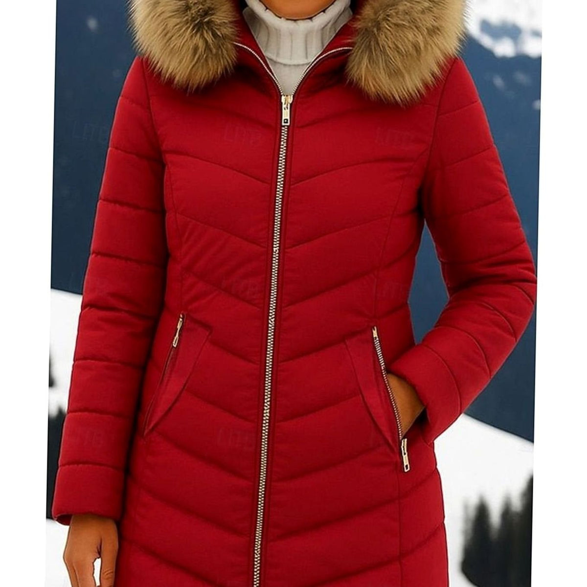Women's Full-Zip Chevron Quilted Parka with Faux Fur Hood - Wine Red