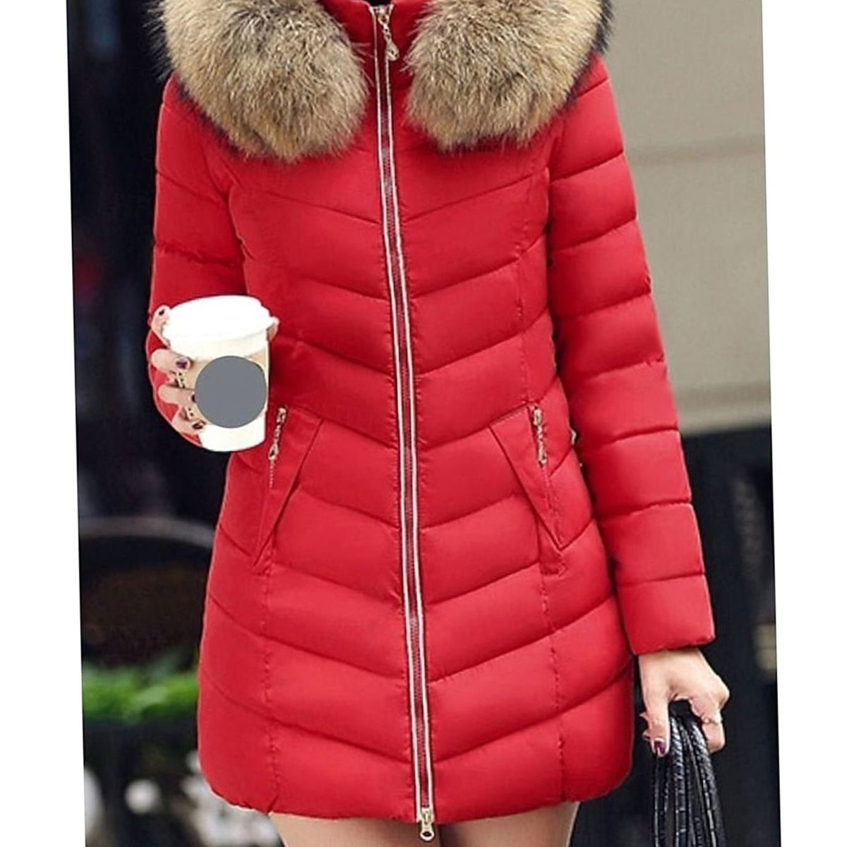 Women's Full-Zip Chevron Quilted Parka with Faux Fur Hood - Red