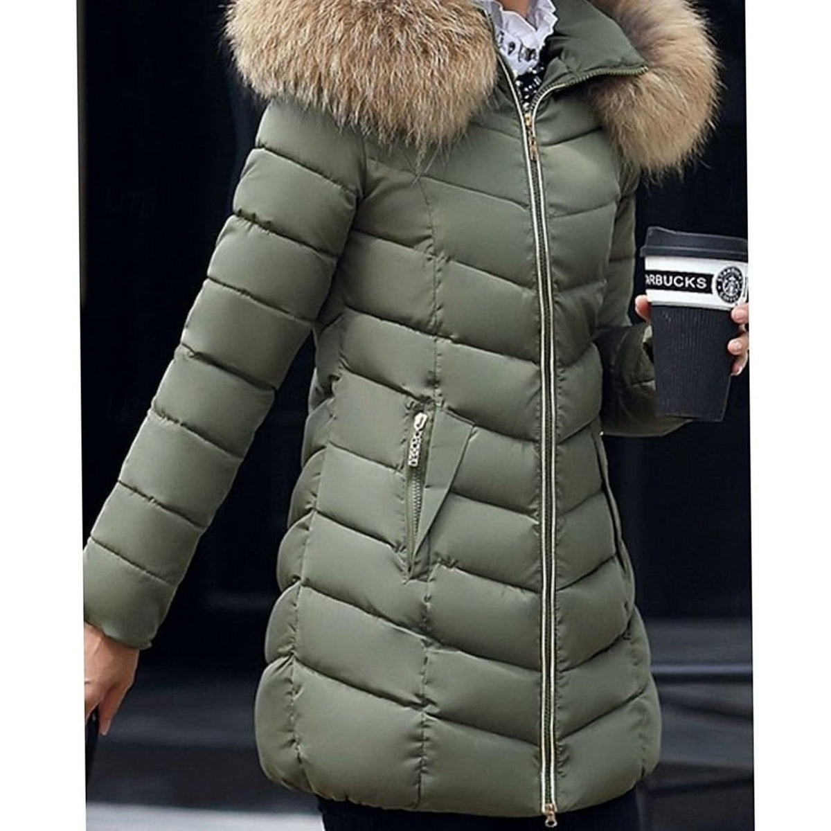 Women's Full-Zip Chevron Quilted Parka with Faux Fur Hood - Olive Green