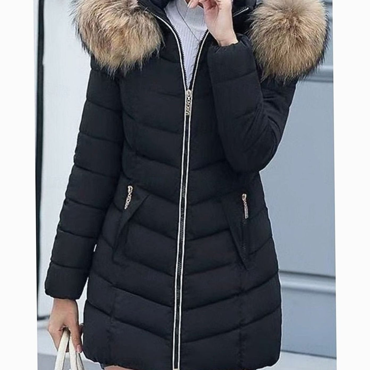 Women's Full-Zip Chevron Quilted Parka with Faux Fur Hood - Black