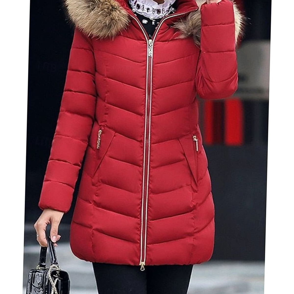 Women's Full-Zip Chevron Quilted Parka with Faux Fur Hood