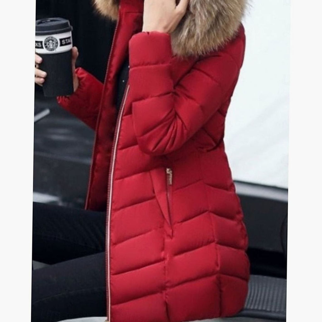 Women's Full-Zip Chevron Quilted Parka with Faux Fur Hood