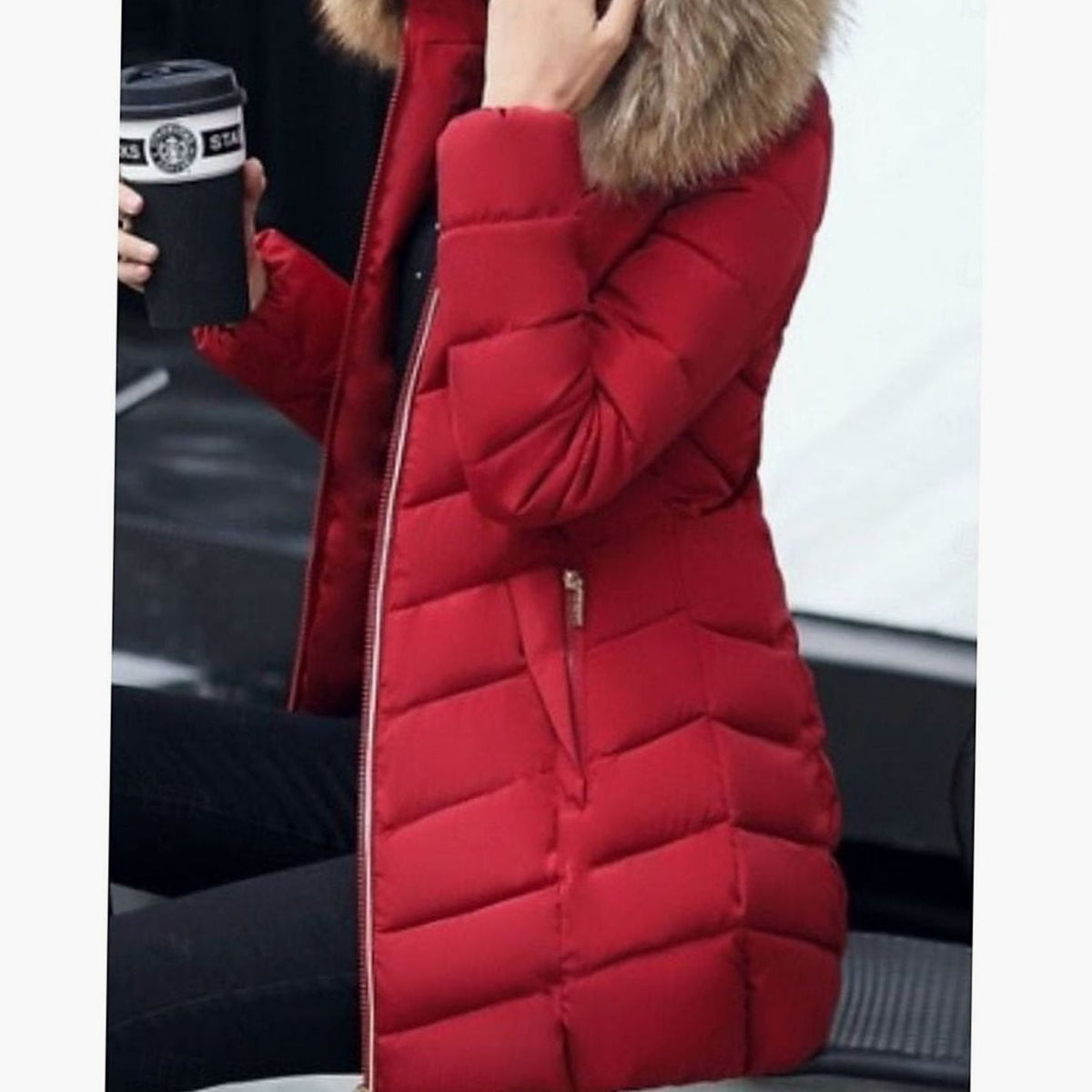 Women's Full-Zip Chevron Quilted Parka with Faux Fur Hood