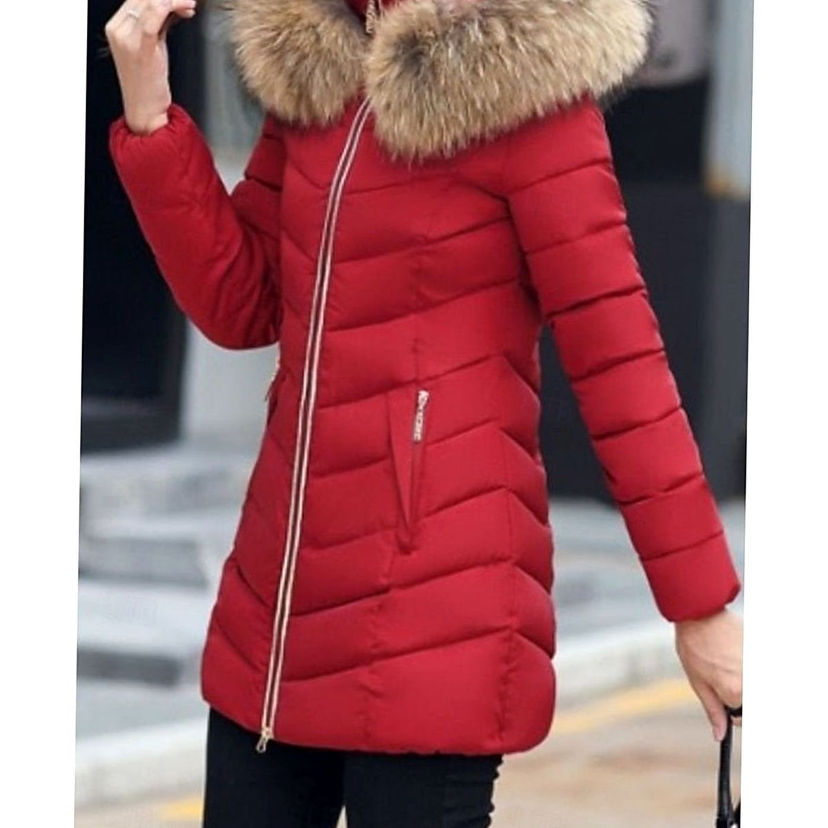 Women's Full-Zip Chevron Quilted Parka with Faux Fur Hood
