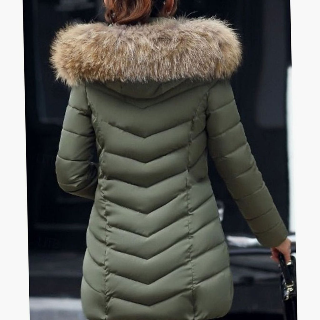 Women's Full-Zip Chevron Quilted Parka with Faux Fur Hood