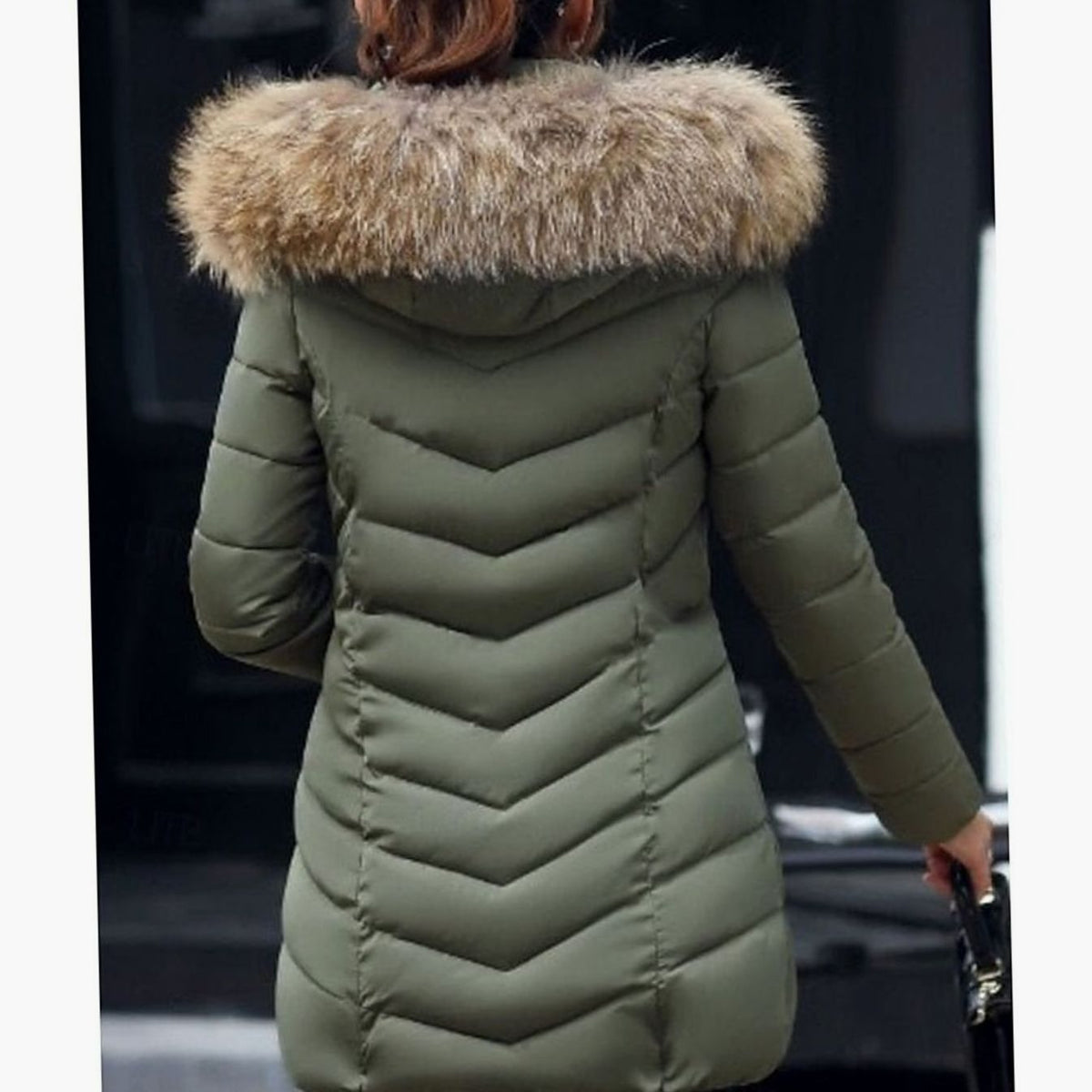 Women's Full-Zip Chevron Quilted Parka with Faux Fur Hood