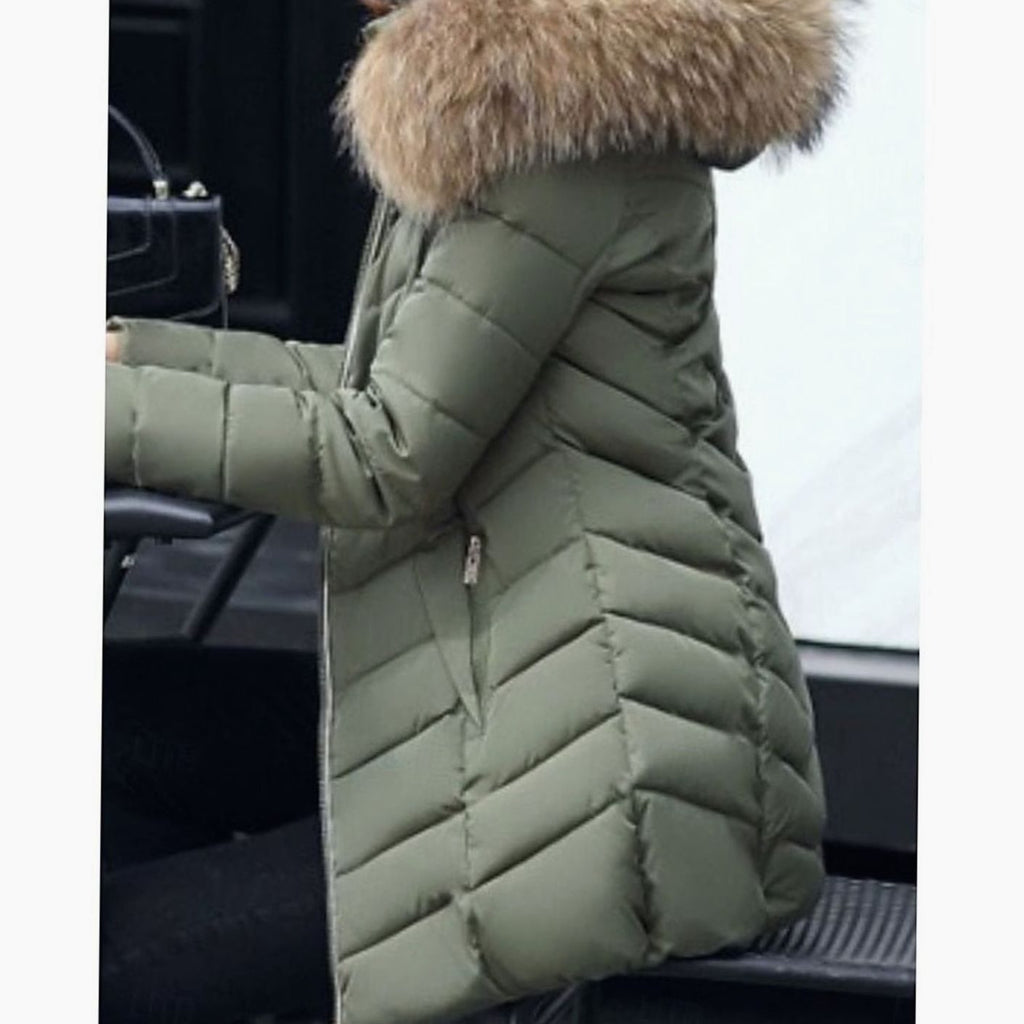 Women's Full-Zip Chevron Quilted Parka with Faux Fur Hood