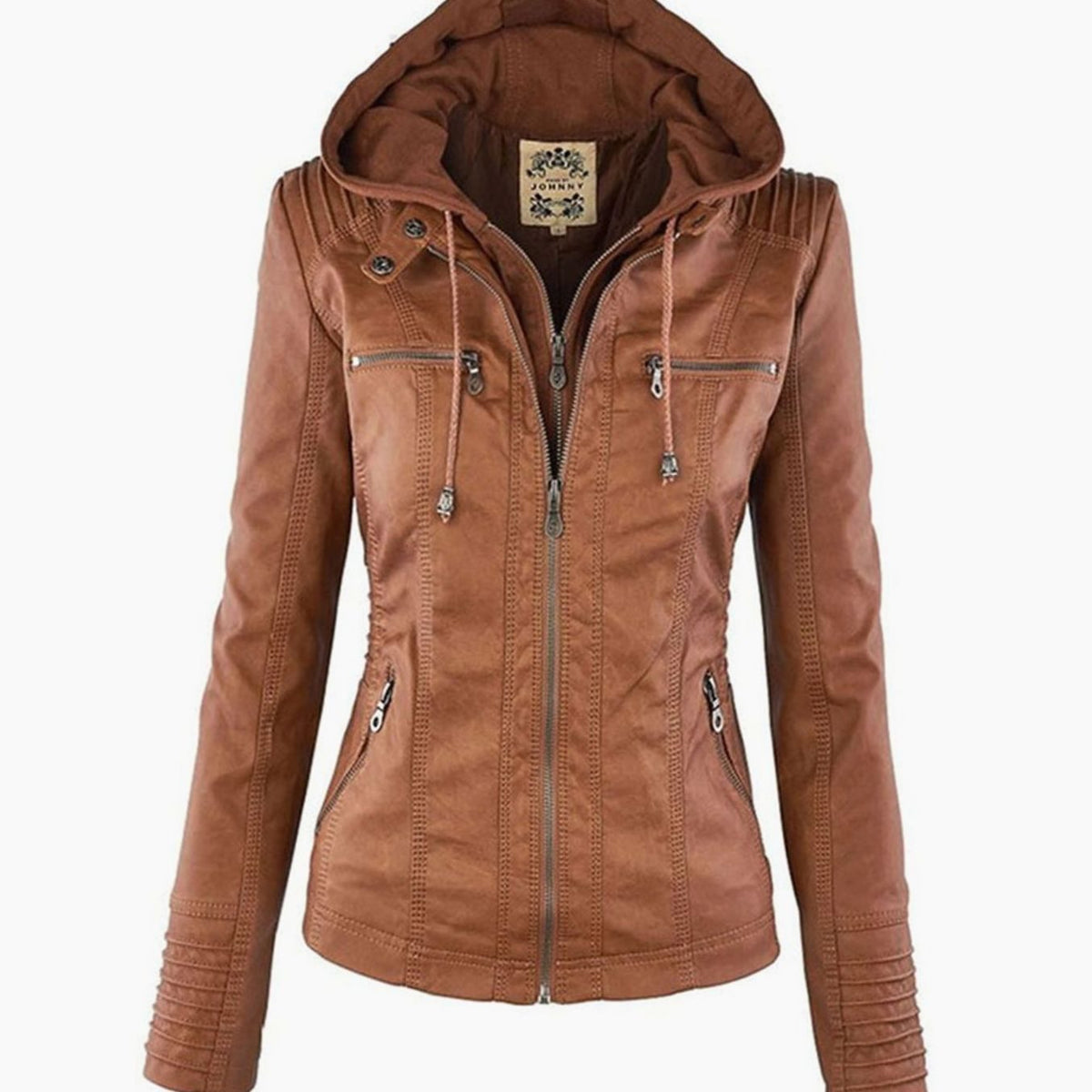 Women's Drawstring Hood Faux Leather Moto Jacket with Zip Pockets - Khaki