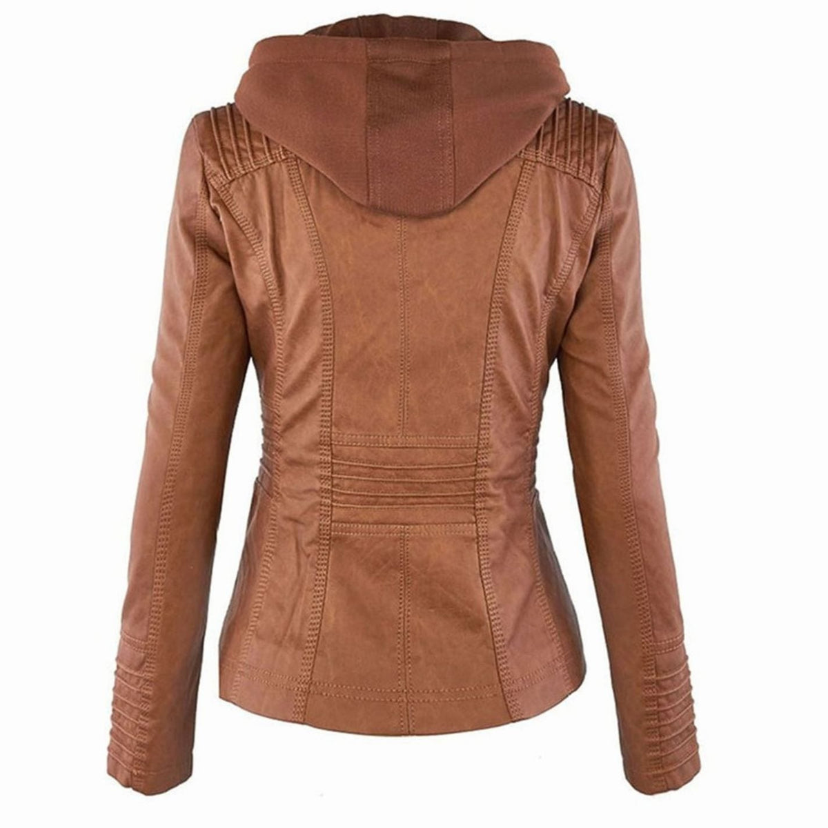 Women's Drawstring Hood Faux Leather Moto Jacket with Zip Pockets