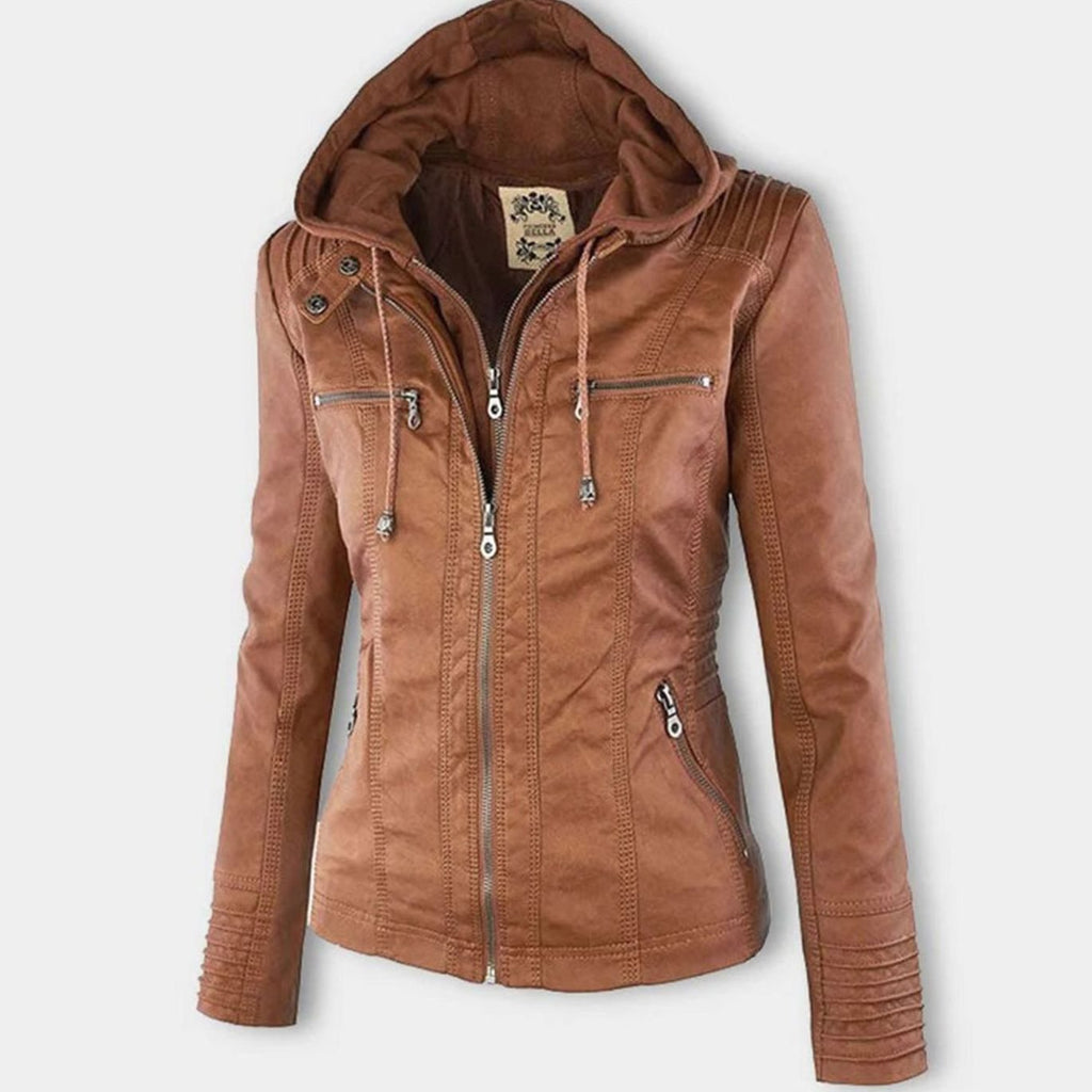 Women's Drawstring Hood Faux Leather Moto Jacket with Zip Pockets