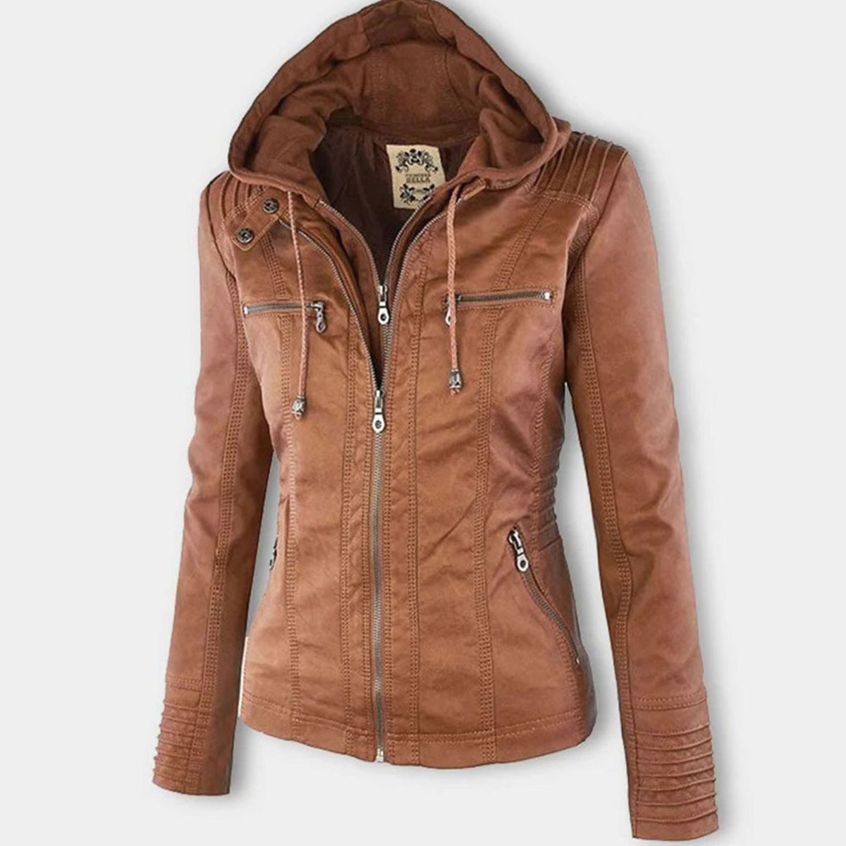 Women's Drawstring Hood Faux Leather Moto Jacket with Zip Pockets