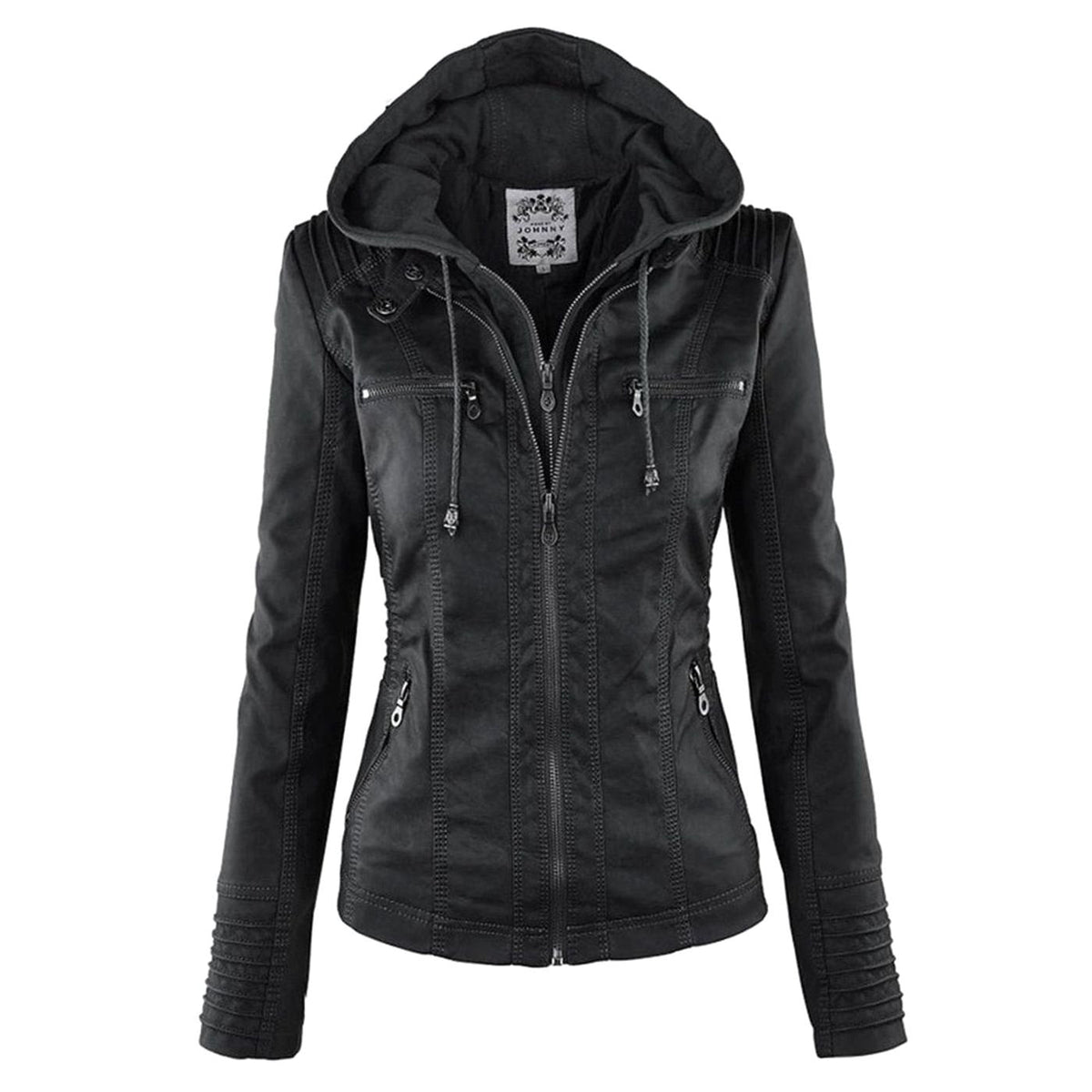 Women's Drawstring Hood Faux Leather Moto Jacket with Zip Pockets - Black