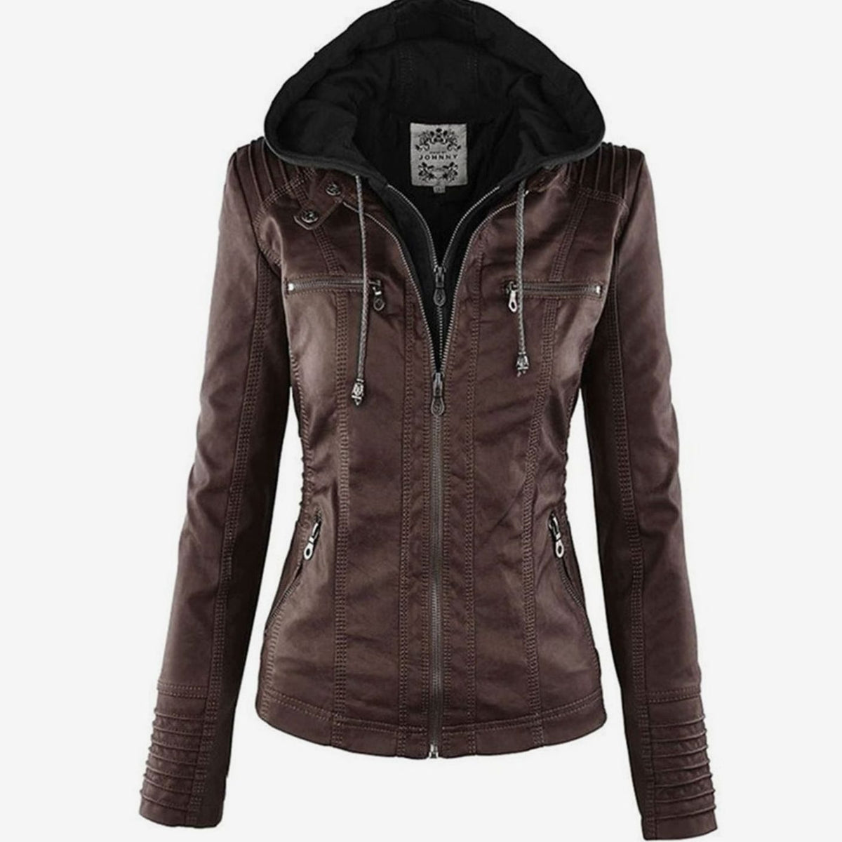Women's Drawstring Hood Faux Leather Moto Jacket with Zip Pockets - Brown