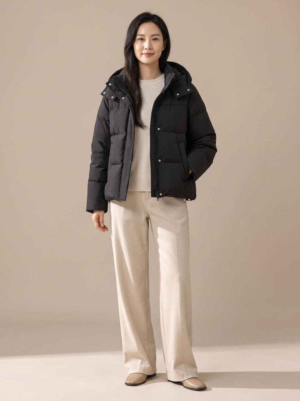 Women's Waist-Length Down-Fill Puffer with Attached Hood - Classic Black