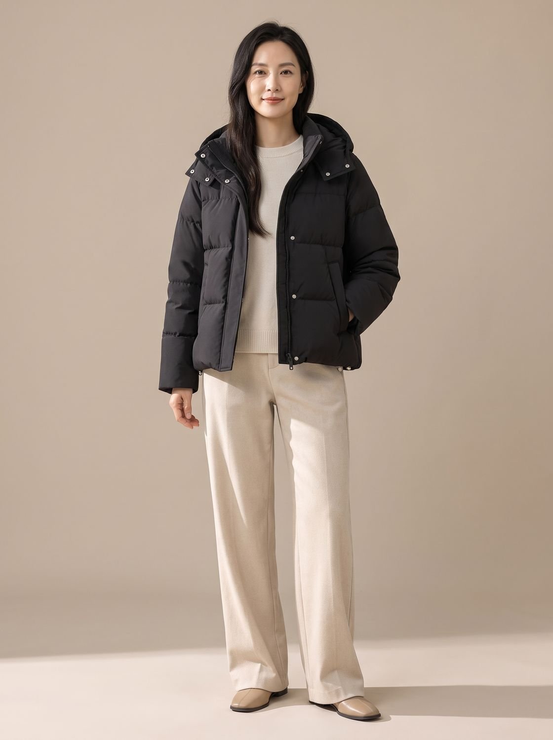 Women's Waist-Length Down-Fill Puffer with Attached Hood - Classic Black