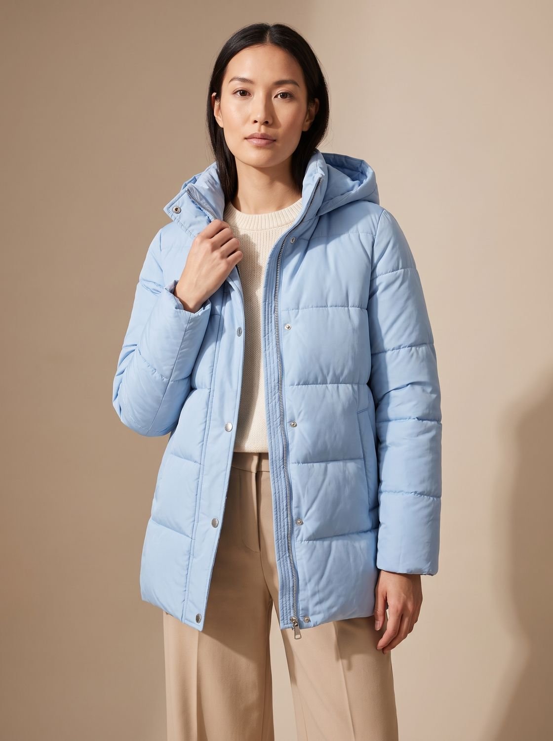 Women's Waist-Length Down-Fill Puffer with Attached Hood - Sky Blue