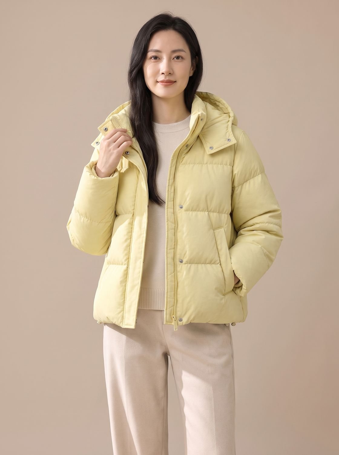 Women's Waist-Length Down-Fill Puffer with Attached Hood - Creamy Yellow
