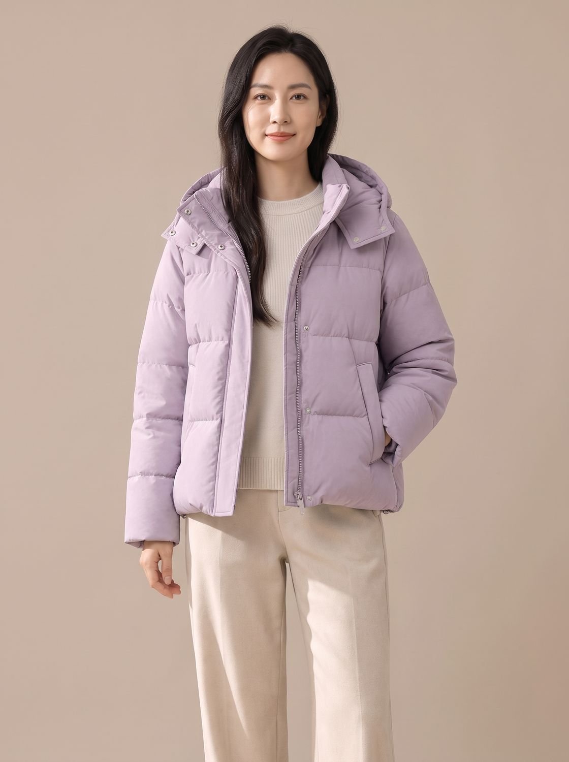 Women's Waist-Length Down-Fill Puffer with Attached Hood - Morning Mist Purple