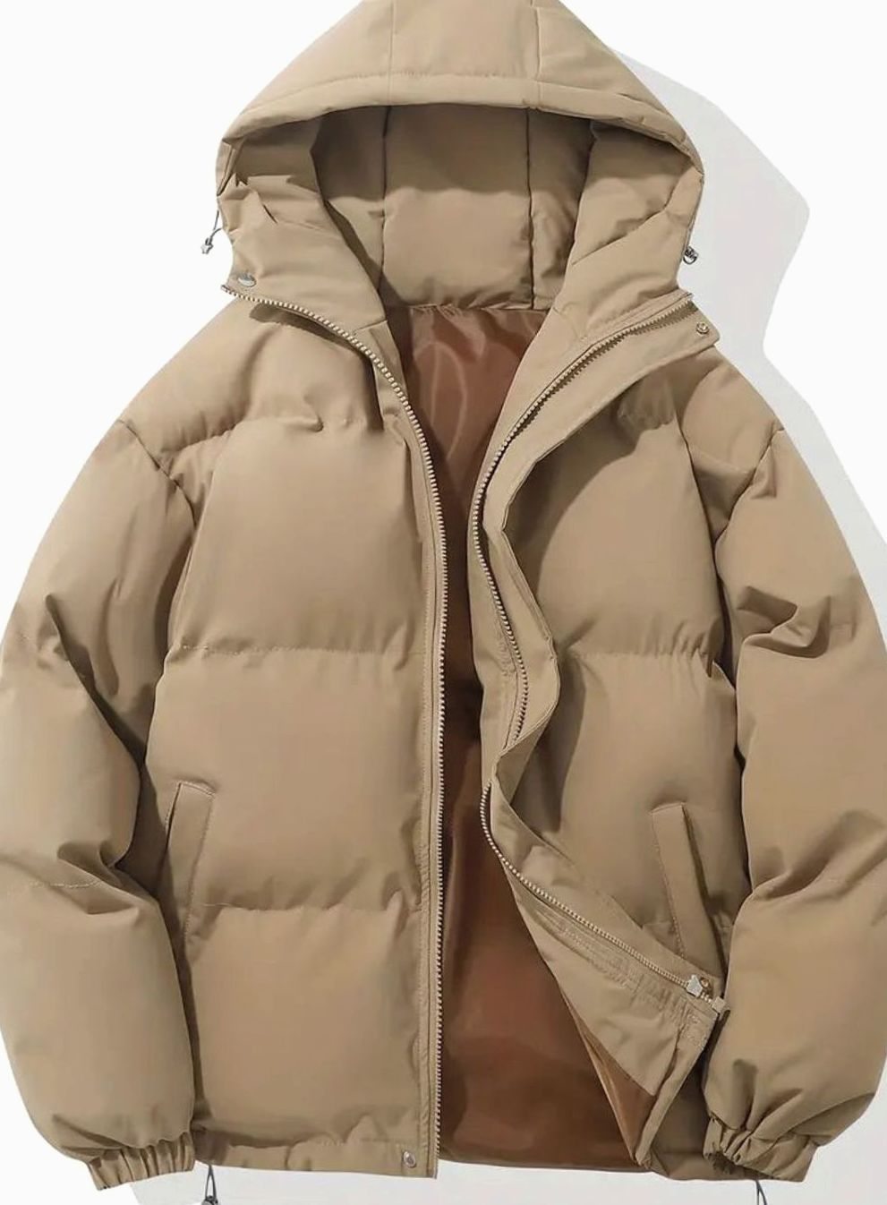 Women's Quilted Zip-Up Puffer with Cinch Hem and Adjustable Hood - Khaki