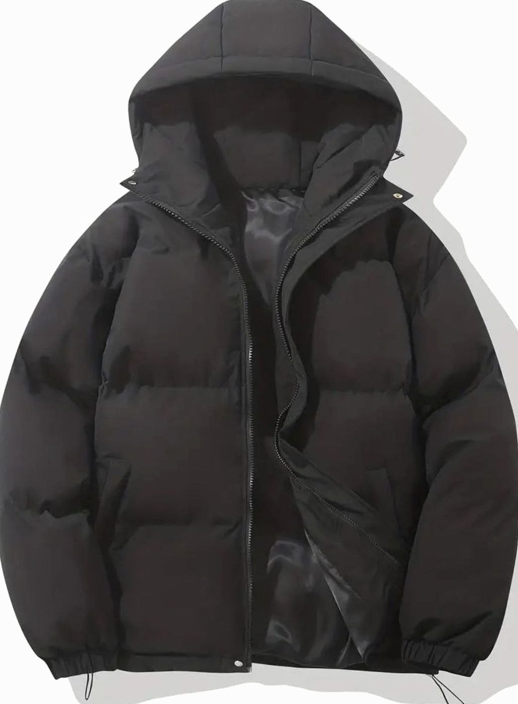 Women's Quilted Zip-Up Puffer with Cinch Hem and Adjustable Hood - Black