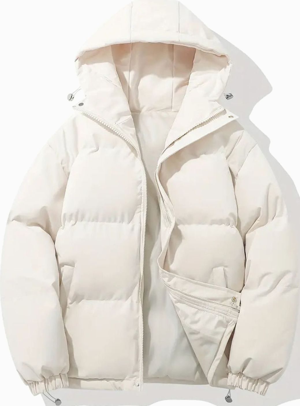 Women's Quilted Zip-Up Puffer with Cinch Hem and Adjustable Hood - White