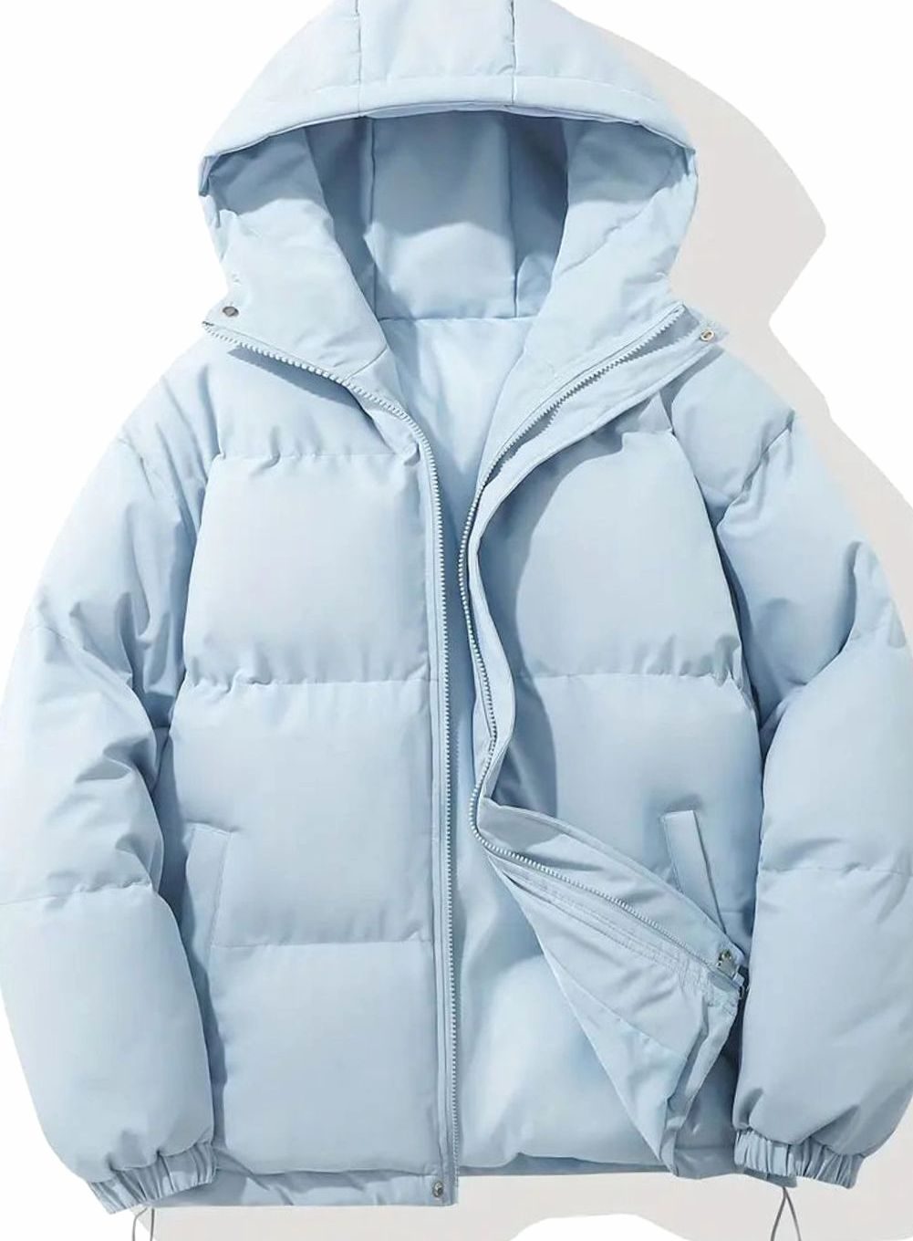 Women's Quilted Zip-Up Puffer with Cinch Hem and Adjustable Hood - Light Blue
