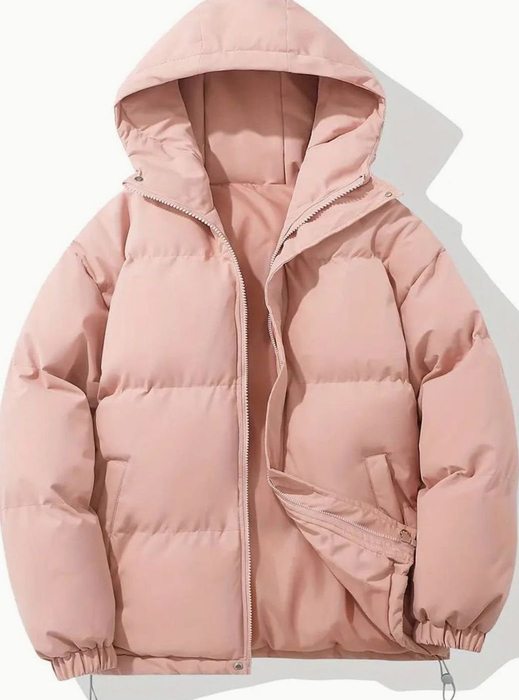 Women's Quilted Zip-Up Puffer with Cinch Hem and Adjustable Hood - Pink