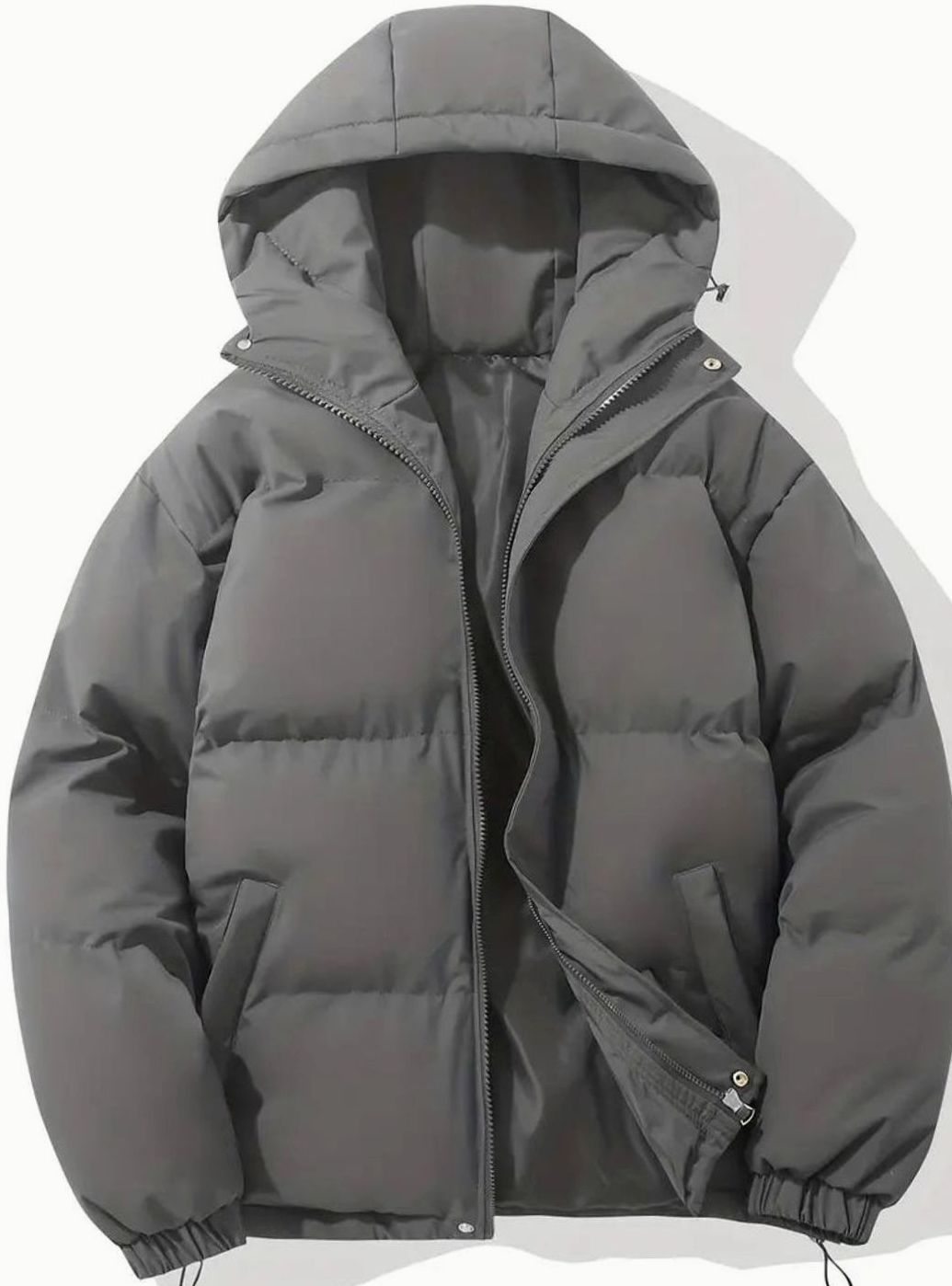 Women's Quilted Zip-Up Puffer with Cinch Hem and Adjustable Hood - Dark Gray