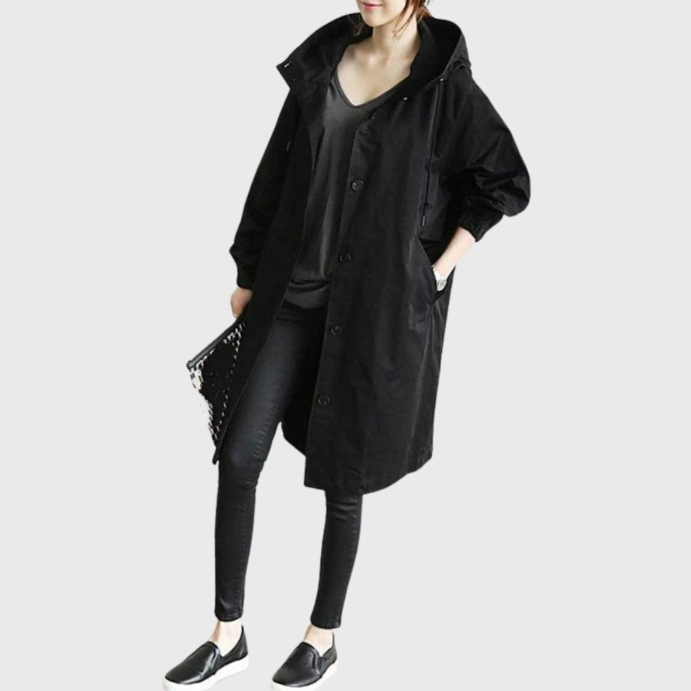 Women's Hooded Waterproof Relaxed-Fit Long Trench Coat