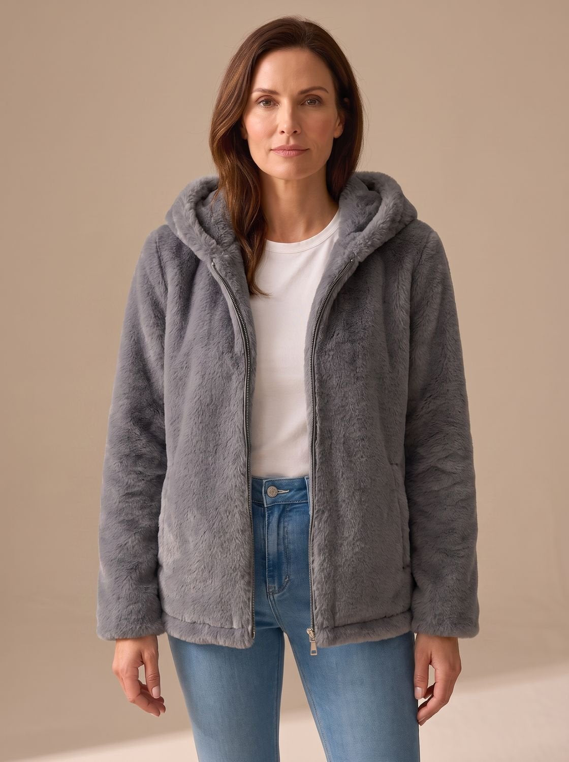 Women's Hooded Zip-Up Faux Fur Teddy Fleece Coat