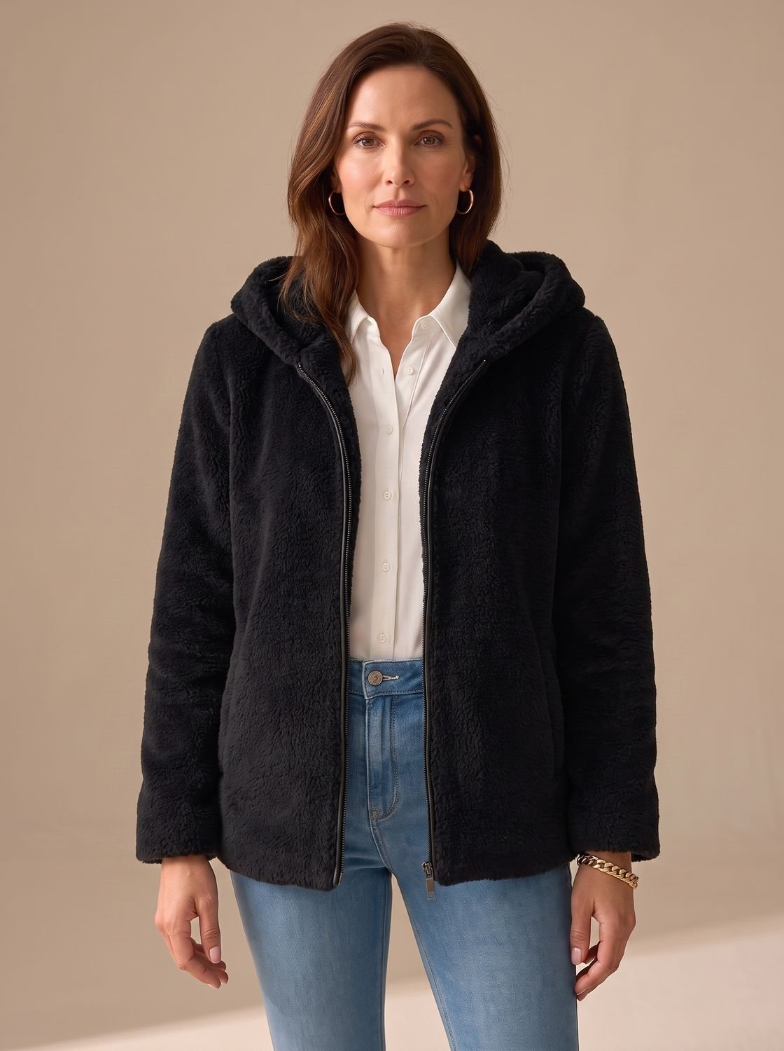 Women's Hooded Zip-Up Faux Fur Teddy Fleece Coat