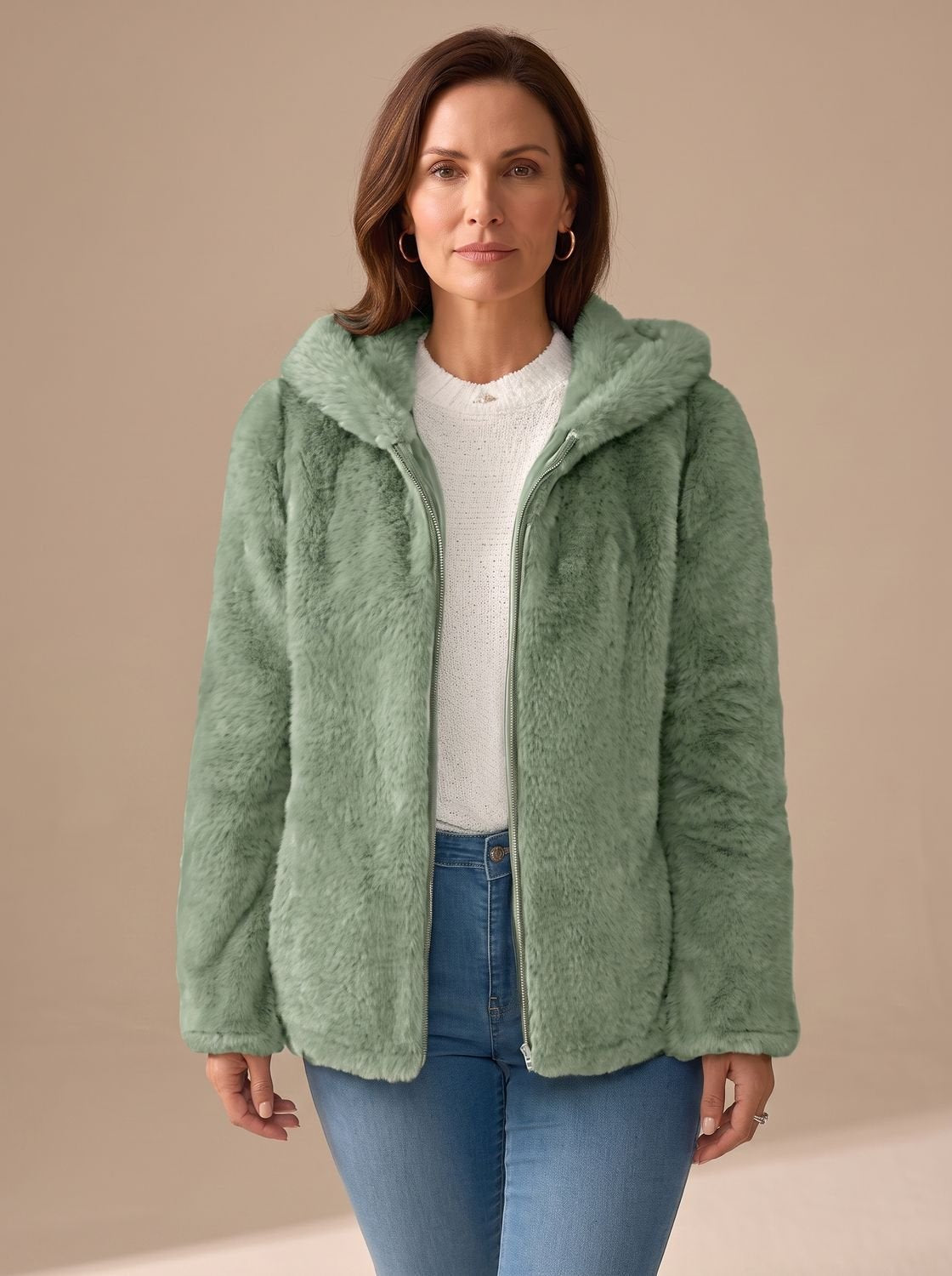 Women's Hooded Zip-Up Faux Fur Teddy Fleece Coat
