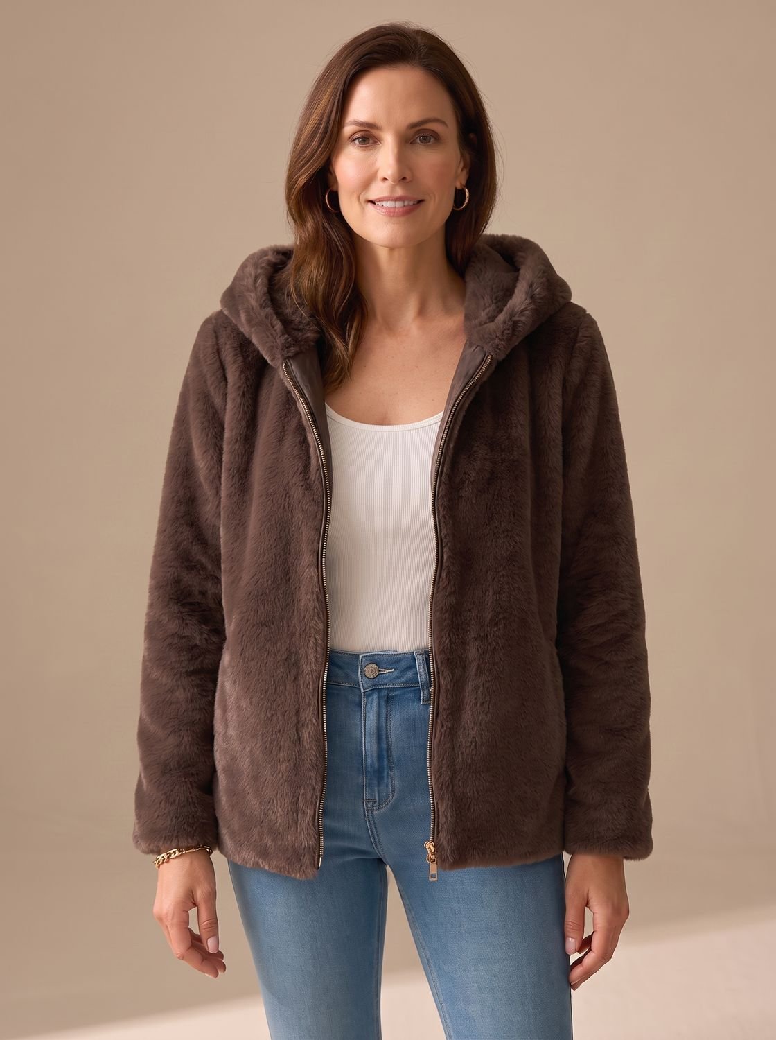 Women's Hooded Zip-Up Faux Fur Teddy Fleece Coat