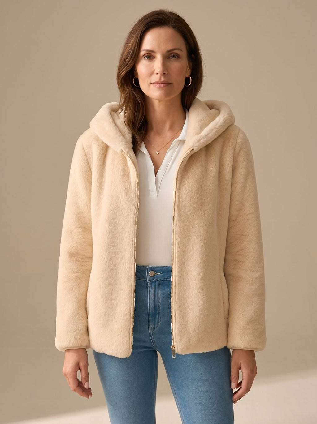 Women's Hooded Zip-Up Faux Fur Teddy Fleece Coat
