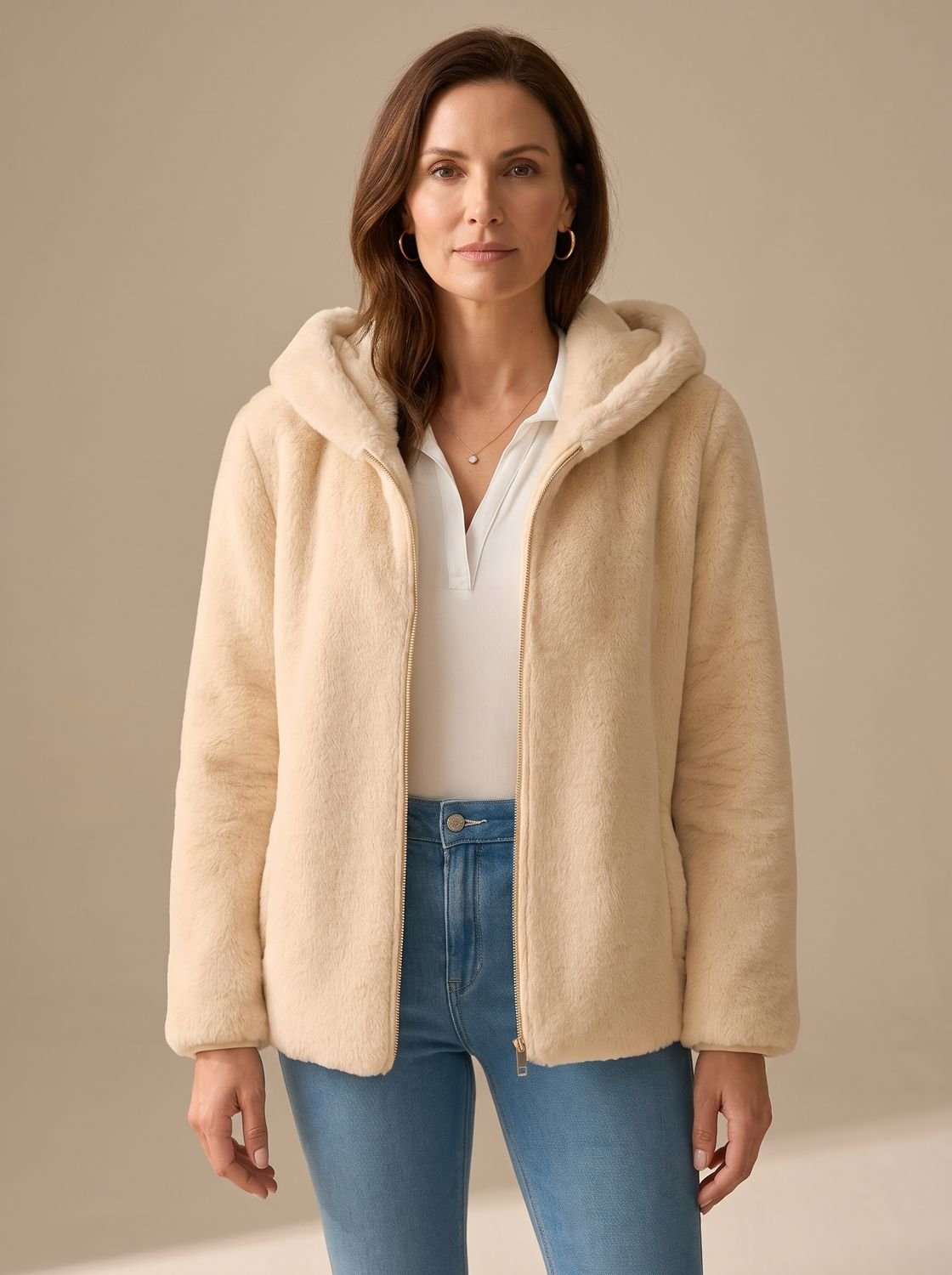 Women's Hooded Zip-Up Faux Fur Teddy Fleece Coat