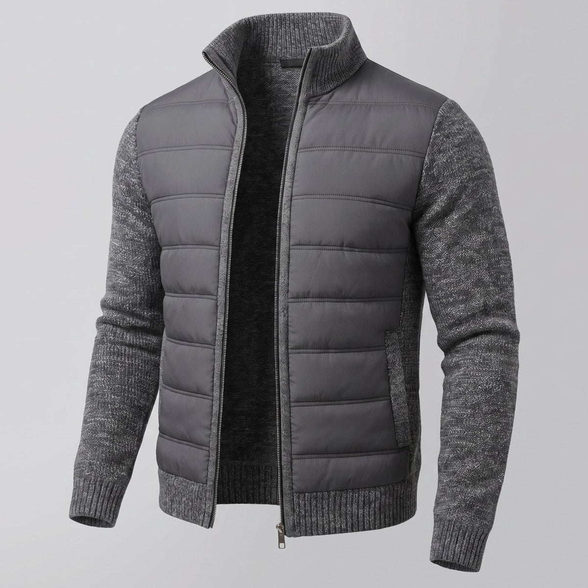 Women's Hybrid Quilted Jacket with Stretch Knit Sleeves - Dark Gray
