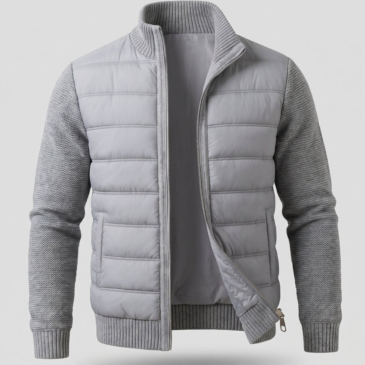 Women's Hybrid Quilted Jacket with Stretch Knit Sleeves - Light Gray