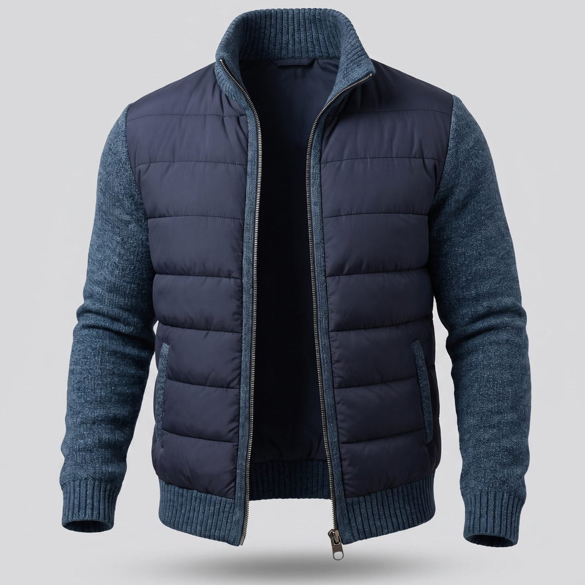 Women's Hybrid Quilted Jacket with Stretch Knit Sleeves - Navy Blue