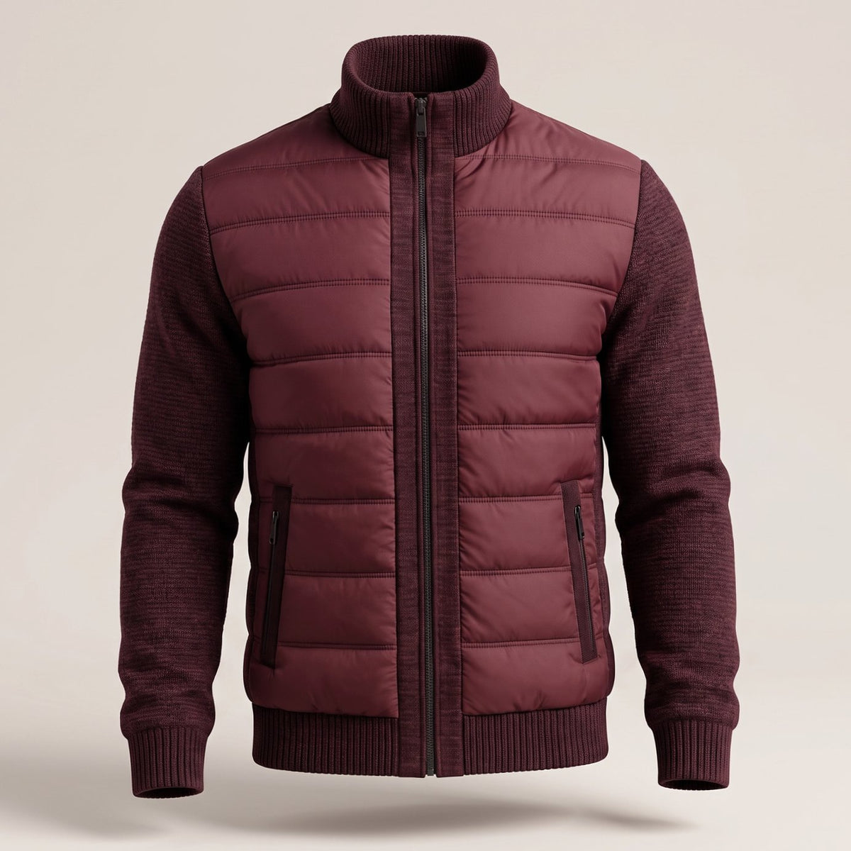 Women's Hybrid Quilted Jacket with Stretch Knit Sleeves - Burgundy