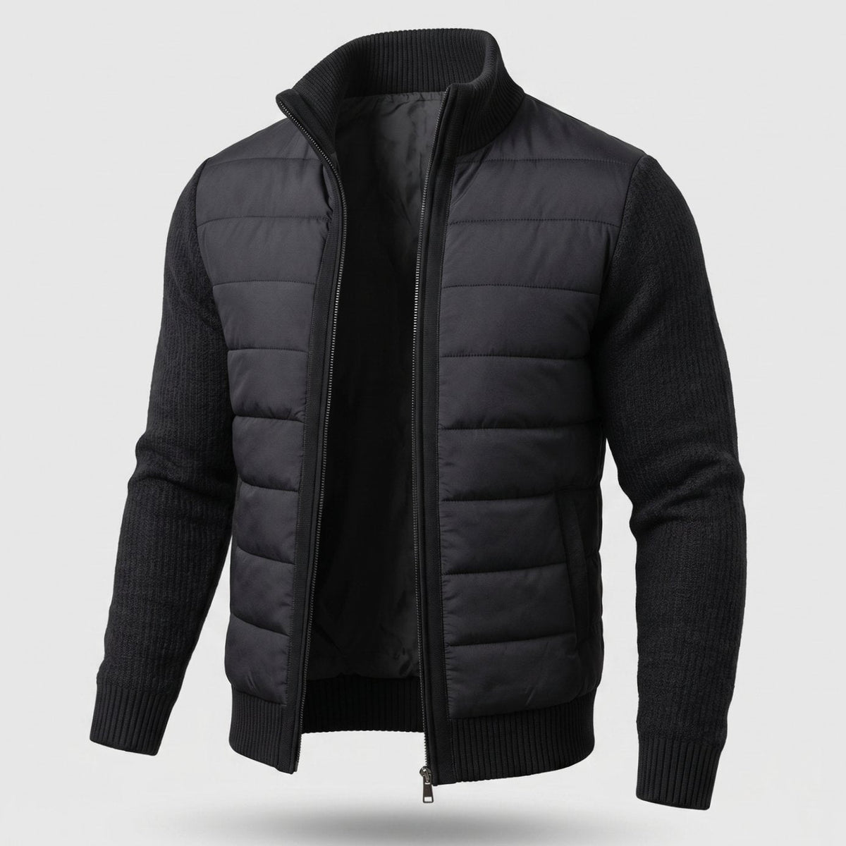 Women's Hybrid Quilted Jacket with Stretch Knit Sleeves - Black