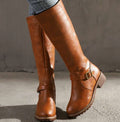 Women's Knee-High Buckle-Strap Block-Heel Leather Boots