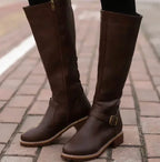 Women's Knee-High Buckle-Strap Block-Heel Leather Boots