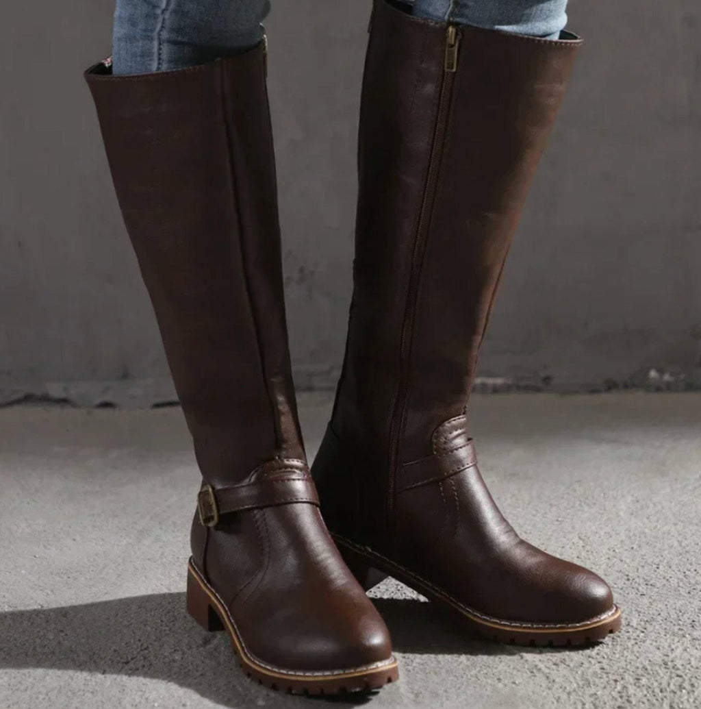 Women's Knee-High Buckle-Strap Block-Heel Leather Boots