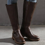 Women's Knee-High Buckle-Strap Block-Heel Leather Boots