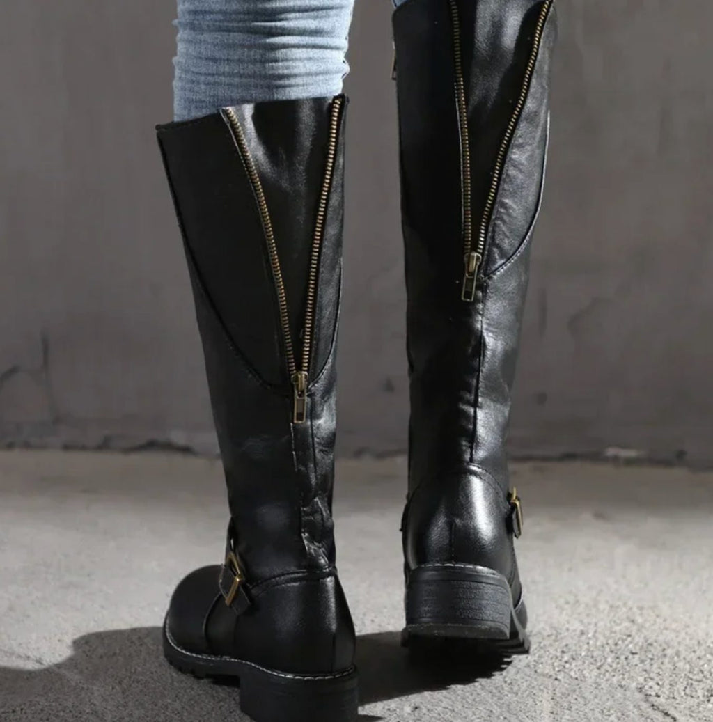 Women's Knee-High Buckle-Strap Block-Heel Leather Boots