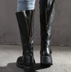 Women's Knee-High Buckle-Strap Block-Heel Leather Boots