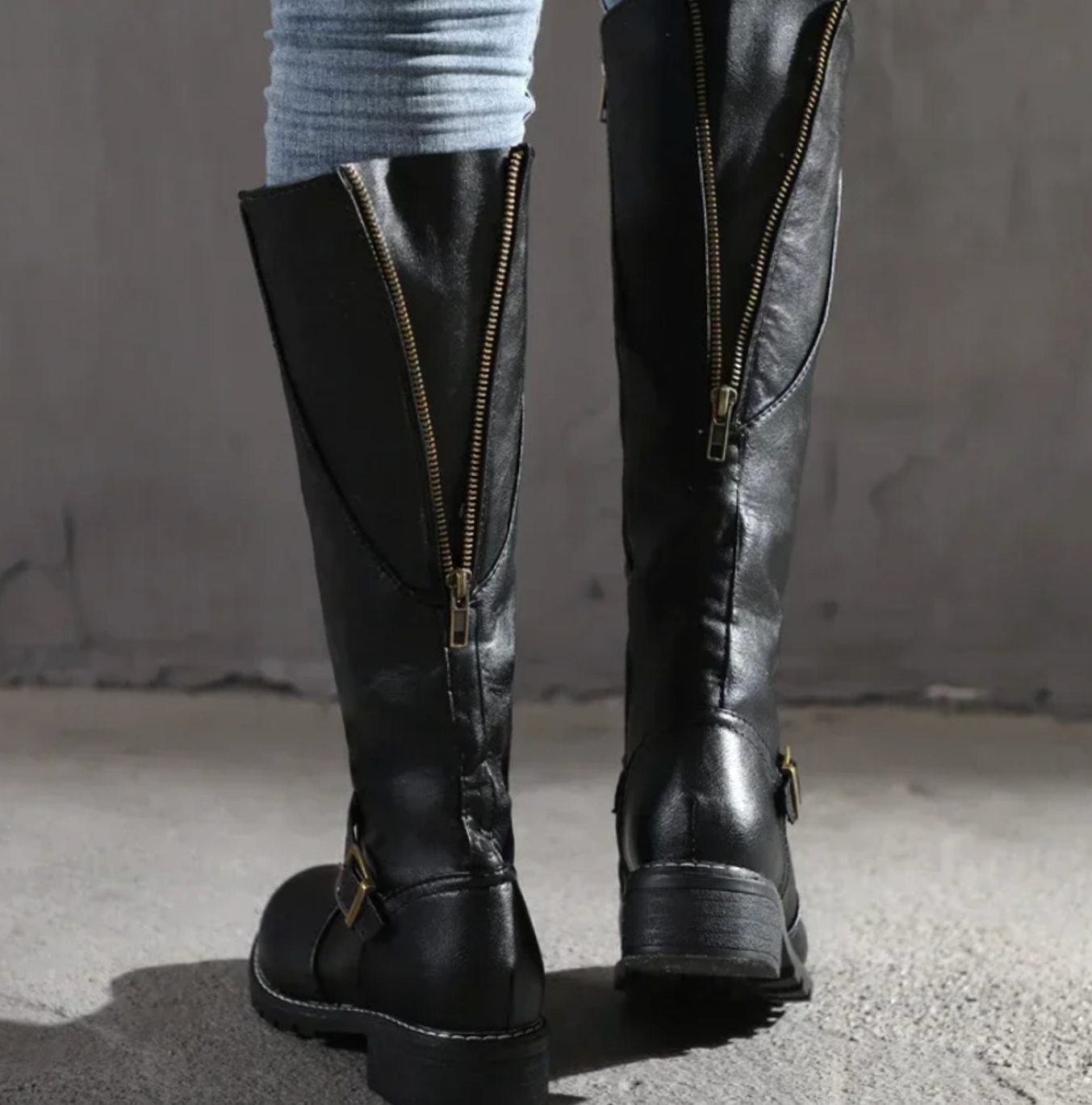 Women's Knee-High Buckle-Strap Block-Heel Leather Boots